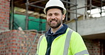 Happy, man and face of civil engineer on site with confidence for building maintenance. Smile, floor plan and portrait of construction worker with pride for renovation, infrastructure or repairs.