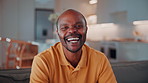 Face, funny and black man in home to relax with peace, calm or staycation on weekend with happiness. Portrait, smile and mature person at living room to chill, laughing and positive attitude on sofa