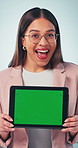 Green screen, surprise and tablet with woman face in studio for advertising or marketing opportunity. Display, mockup space and tech with shocked person on white background for digital information