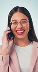 Face, businesswoman and laugh in studio with phone call, glasses or funny news for public relations. Happy, person and PR agent with tech, contact or humor for press release story on blue background.