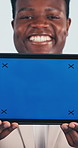 Face, green screen and tablet with black man in studio for advertising or marketing opportunity. Display, mockup space and tech with happy person on white background for information or presentation
