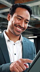 Man, tablet and smile in agency for finance, business venture and happy for investment opportunity. Financial manager, tech and scroll in office for economy research, stock increase and trading app