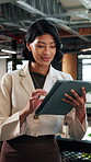 Woman, tablet and smile in office for finance, business venture and happy for investment opportunity. Financial manager, tech and scroll in agency for economy research, stock increase and trading app