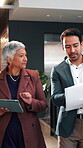 Business, tablet or team in firm with paper, portfolio review or feedback on investment strategy. Collaboration, people or finance advisors with document, funding plan or insight on budget evaluation