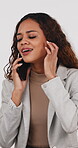 Glitch, woman and phone call with connection error for business contact, bad reception or network. 404, employee or mobile chat on studio background with service fail, hearing struggle or lost signal