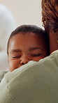Love, hug and child with mom in home for comfort, bonding and affection for support, trust and care. Family, house and African girl with mother embrace for security, connection and relationship