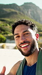 Fitness, face and happy man at beach, selfie and laughing with thumb up or picture for social media. Outdoor, photography and person with peace sign on break, smile and memory after physical activity