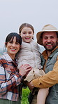 Farmer, family and face with child on farm for love, support or agriculture together in countryside. Portrait, dad and mom with daughter, livestock or animals for bonding trip, weekend or holiday 