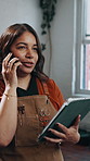 Stylist, tablet or woman with phone call for appointment, schedule or online booking in beauty salon. Female person, barber or talking with smartphone or technology for grooming session in barbershop