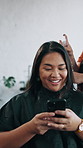 Happy, phone and woman with hairdresser in salon for hair treatment, maintenance and appointment. Typing, stylist and customer on cellphone for online review, website and internet for social media