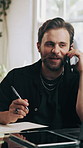 Businessman, barbershop and writing with phone call for online booking, schedule or appointment. Man, stylist or talking with smartphone, diary or notebook for customer service or reminder in salon