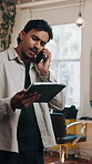 Booking, phone call and tablet with barber in workplace for appointment, calendar or schedule. App, communication and confirmation with man in hairdressing startup for agenda. management or planning