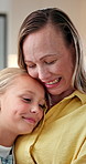 Home, mom and hug child for bonding together, love and smile with connection on weekend. Happy family, parent and embrace girl with care in lounge for support, security and trust with daughter