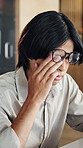 Man, headache and glasses in office with laptop, wrong prescription lens or finance internship stress. Tired, person or financial intern in business with computer, migraine or fatigue from eye strain