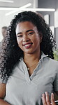 Pride, face and woman in office with tablet, advertisement specialist or ambition in business growth. Confidence, happy and brand planner with tech, campaign expert or about us in marketing industry.