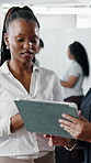 Tablet, woman and talk in office with team, online public relations and AI for press release draft. People, planning or discussion in creative agency with tech, PR manager or digital media innovation