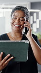 Tablet, phone call and business woman in office for communication, financial feedback or smile. Mature person, tech and talking to contact in workplace for investment, earning report or laughing