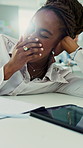 Business, woman and tired with yawn at desk for workload burnout, info overload and first job. Intern, black person and low energy in office from insomnia, overworked or workplace adaptation on flare