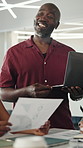 Presentation, office and man in meeting with documents for finance report, planning or investment strategy. Laptop, business and person in discussion with tech, chart or research for financial review