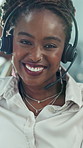 Headset, black woman and face of call center agent in office with help desk, crm or voip for consultation. Happy, mic and portrait of technical support consultant with assistance or customer service.
