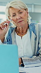 Thinking, laptop and businesswoman in office with decision, reflection or choice on legal career. Tech, job opportunity and mature attorney with planning for law case with solution or problem solving