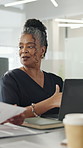 Talking, office and woman in meeting on laptop for finance report, planning or investment strategy. Manager, business and mature person in discussion with tech, chart or research for financial review