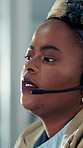 Headset, black woman and customer service agent in office with help desk, crm or voip for consultation. Talking, mic and technical support consultant with virtual assistance, call center or contact.