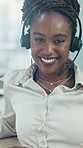 Headset, black woman and face of call center consultant in office with help desk, crm or voip. Happy, mic and portrait of technical support agent with virtual assistance, customer service or contact.