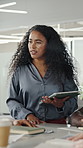 Talking, office and woman in meeting on tablet for finance report, planning and investment budget. Presentation, business and person in discussion with tech, feedback or research for financial review