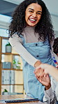 Handshake, applause and business people in office with contract, dispute settlement or partnership. Clapping, law deal and attorney shaking hands with client for litigation agreement in workplace.