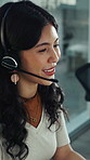 Headset, smile and call center agent in office with help desk, crm or voip for online consultation. Woman, mic and technical support consultant with virtual assistance, customer service or contact us