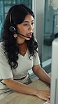 Headset, computer and call center agent in office with help desk, crm or voip for online consultation. Woman, mic and technical support consultant with virtual assistance, customer service or contact
