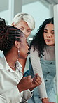Talking, woman and business people in office to explain project, proposal and marketing strategy, Creative, teamwork and women in discussion for feedback, planning and advice for brand campaign