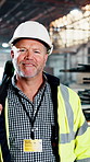 Hammer, man and portrait of construction worker on site with confidence for building demolition. Happy, equipment and mature civil engineer with pride for industrial project with renovation tool.