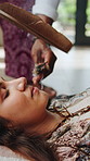 Meditation, woman or sage for wellness, cleansing ritual or aromatherapy smoke for alternative medicine. Herbs, smudge stick or feather with shaman to clear energy, spiritual healing or peace in home