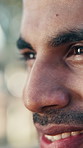 Thinking, happy and businessman in city with planning, reflection or choice on finance career. Professional, smile and financial manager outdoor in urban town with decision on job opportunity.