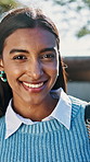 Happy, face and business woman in city for morning commute, travel and trip to work for creative career. Portrait, outdoor and person in town with confidence, pride and smile for startup opportunity