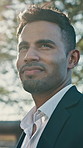Thinking, ideas and businessman in city with planning, reflection or choice on finance career. Professional, flare and financial manager outdoor in urban town with decision on job opportunity.