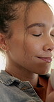 Relax, coffee and smell with woman in home for morning routine, peace and wellness beverage. Happy, wake up and drinking tea with female person and cup in apartment for weekend break and aroma