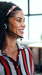 Happy, talking and woman in office with headset for virtual assistance, customer support or online help. Business, call center and person speaking for consulting, crm service or advice for contact us
