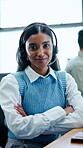 Arms crossed, face and headset with woman in call center for assistance, feedback or help. Customer service, microphone and smile with confident agent in office for support or virtual solution