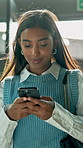 Smile, business and woman in office with phone, research and contact witness for copywriting. Happy, female person and walking in workplace with mobile, email source and notification for publication