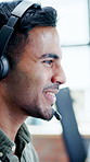 Call center, man and smile with customer support for help desk, communication and online consultant. Contact us, headset and happy person with technical service, virtual advice or agent for hotline