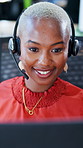 Call center, black woman and smile with customer service for help desk, communication and online consultant. Contact us, headset and happy with technical support, virtual advice or agent for hotline