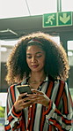 Happy, business and woman in office with phone, research and contact witness for copywriting. Smile, female person and walking in workplace with mobile, email source and notification for publication