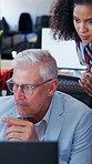 Manager, team and review in office with computer, planning campaign and check AI copywriting draft. Creative, people and copywriter in agency with pc, editing project or digital innovation for media.