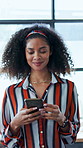 Business, woman and walking in office with phone, research and contact witness for copywriting. Smile, female person or reading in workplace with mobile, email source and notification for publication