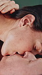 Couple, kiss and intimacy with love in bed for seduction, lust or sexual romance in home. Man, woman or affection with embrace or desire for intimate relationship, passion or pleasure in bedroom