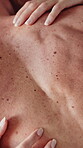 Back, hands and passion with couple in bedroom of home for intimacy, love or sensuality. Dating, relationship and sexual activity with people on bed in apartment for desire or seduction from above