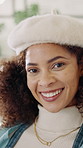 Face, designer and happy woman with fashion in office for business, style or clothing design. Portrait, female person or stylist with smile, pride or positive attitude for stylish outfit in workplace
